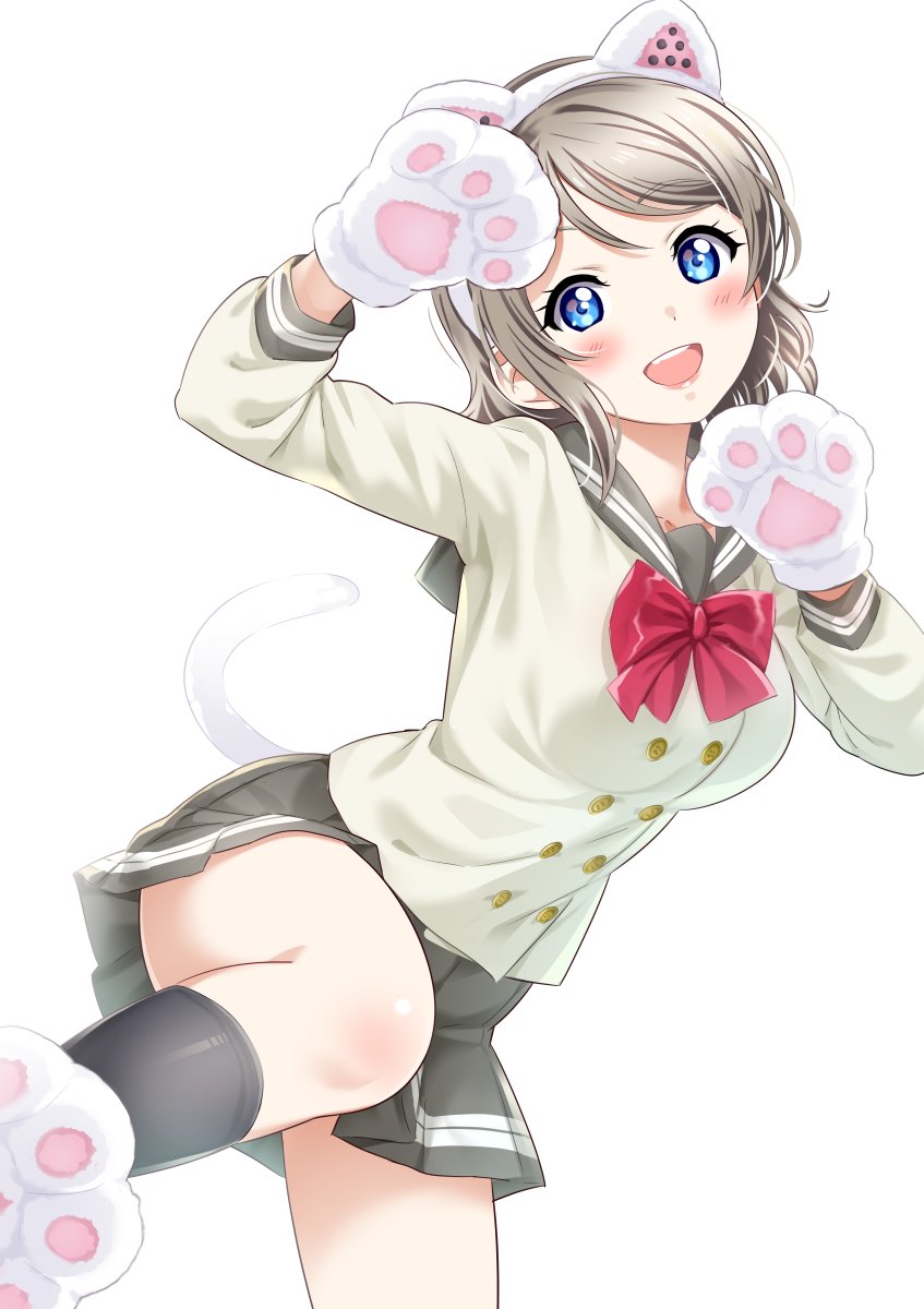 1girl animal_ears bangs black_legwear blue_eyes blush cat_ears cat_paws cat_tail eyebrows_visible_through_hair grey_hair highres knee_up leg_up looking_at_viewer love_live! love_live!_sunshine!! neckerchief open_mouth paw_pose paws pleated_skirt rozen5 sailor_collar school_uniform short_hair simple_background skirt smile tail watanabe_you white_background