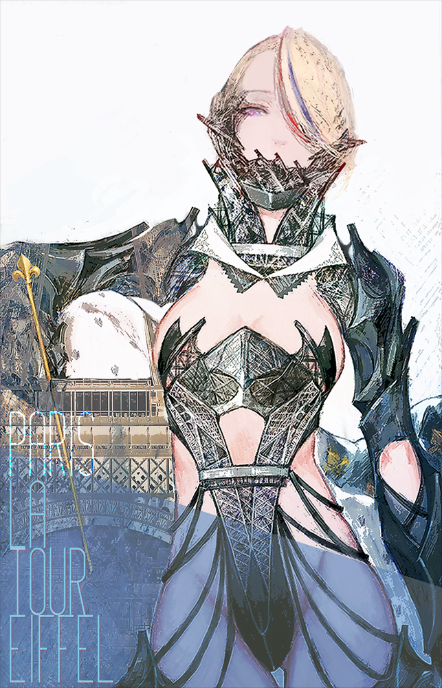 1girl blonde_hair blue_hair breasts cleavage gauntlets groin hair_over_one_eye labombardier! mask original personification redhead revealing_clothes solo violet_eyes