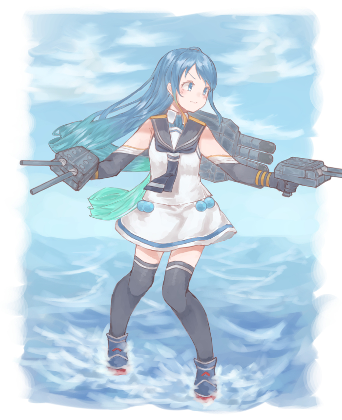 1girl adapted_turret az_toride bangs black_legwear black_neckwear blue_eyes blue_hair blue_sky cannon clouds commentary_request day elbow_gloves full_body gloves gradient_hair kantai_collection long_hair multicolored_hair neckerchief outdoors outstretched_arms sailor_collar samidare_(kantai_collection) school_uniform serafuku shirt sky sleeveless sleeveless_shirt solo standing standing_on_liquid swept_bangs thigh-highs turret very_long_hair