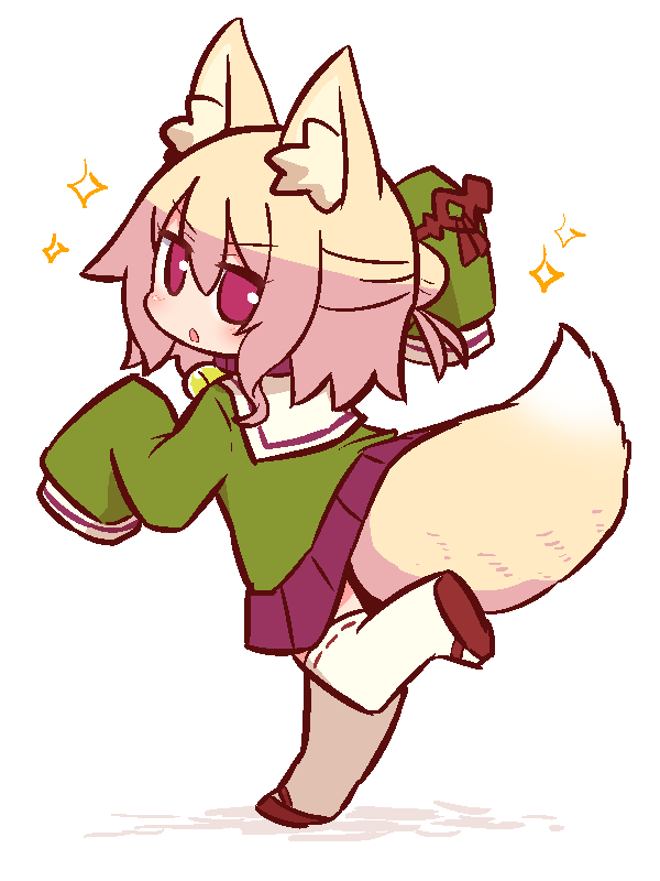 1girl animal_ear_fluff animal_ears arm_up bangs bell bell_collar blonde_hair blush brown_collar collar eyebrows_visible_through_hair fox_ears fox_girl fox_tail full_body green_shirt hair_between_eyes hair_bun hair_ornament jingle_bell kemomimi-chan_(naga_u) long_sleeves looking_at_viewer looking_back naga_u original parted_lips pleated_skirt purple_skirt red_eyes red_footwear ribbon-trimmed_legwear ribbon_trim sailor_collar shirt shoe_soles sidelocks skirt sleeves_past_fingers sleeves_past_wrists solo sparkle standing standing_on_one_leg tail thigh-highs white_legwear white_sailor_collar zouri