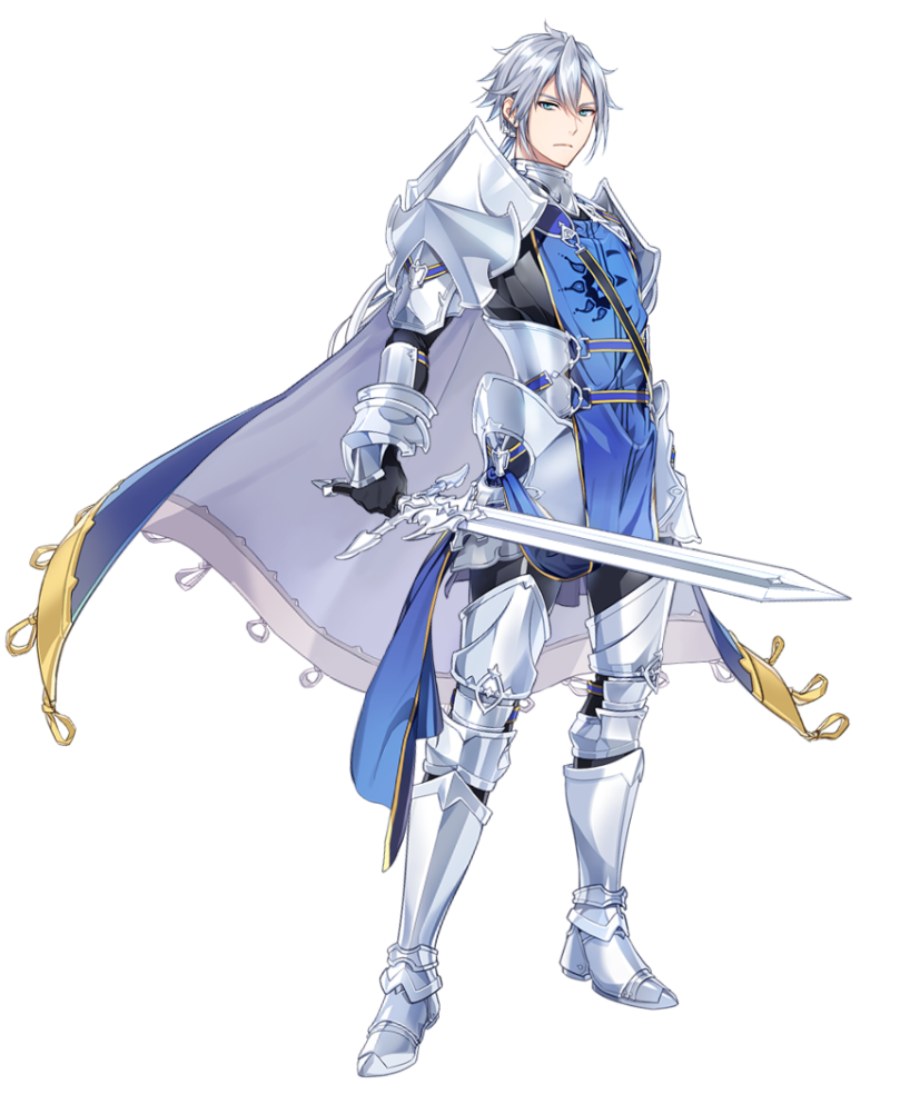 1boy armor black_legwear blue_eyes boots cape epic7 greaves hair_between_eyes holding holding_sword holding_weapon looking_at_viewer male_focus official_art ponytail silver_hair standing sword transparent_background tywin_herad weapon white_cape