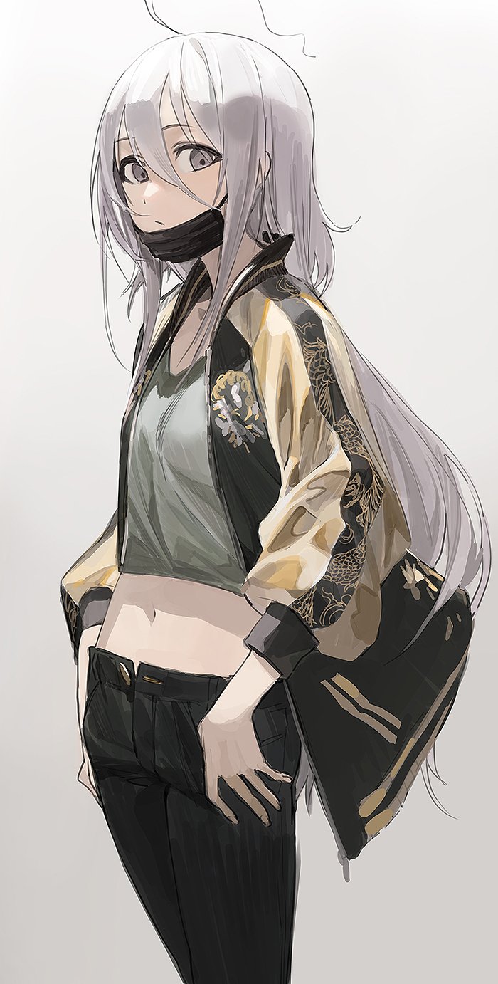 1girl ahoge black_surgical_mask commentary_request cowboy_shot crop_top expressionless gradient gradient_background grey_eyes grey_hair hair_between_eyes highres hoshi_shouko idolmaster idolmaster_cinderella_girls jacket long_hair looking_at_viewer mossi navel open_clothes open_jacket pants solo surgical_mask thumbs_in_pockets unbuttoned_pants