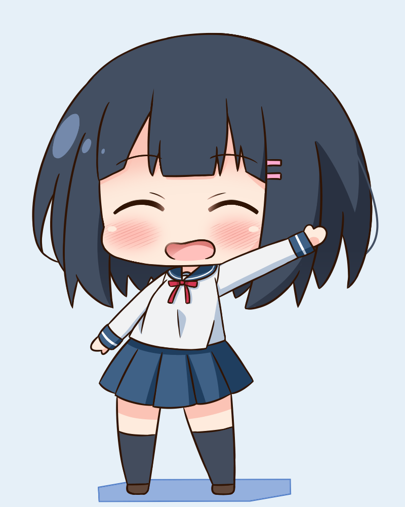 1girl :d ^_^ amano_akari bangs black_hair black_legwear blue_background blue_sailor_collar blue_skirt blush brown_footwear chibi closed_eyes closed_eyes commentary_request eyebrows_visible_through_hair facing_viewer full_body hair_ornament hairclip hana_kazari long_hair long_sleeves neck_ribbon open_mouth outstretched_arm pleated_skirt red_ribbon ribbon sailor_collar school_uniform serafuku shirt skirt smile solo standing thigh-highs tonari_no_kyuuketsuki-san white_shirt