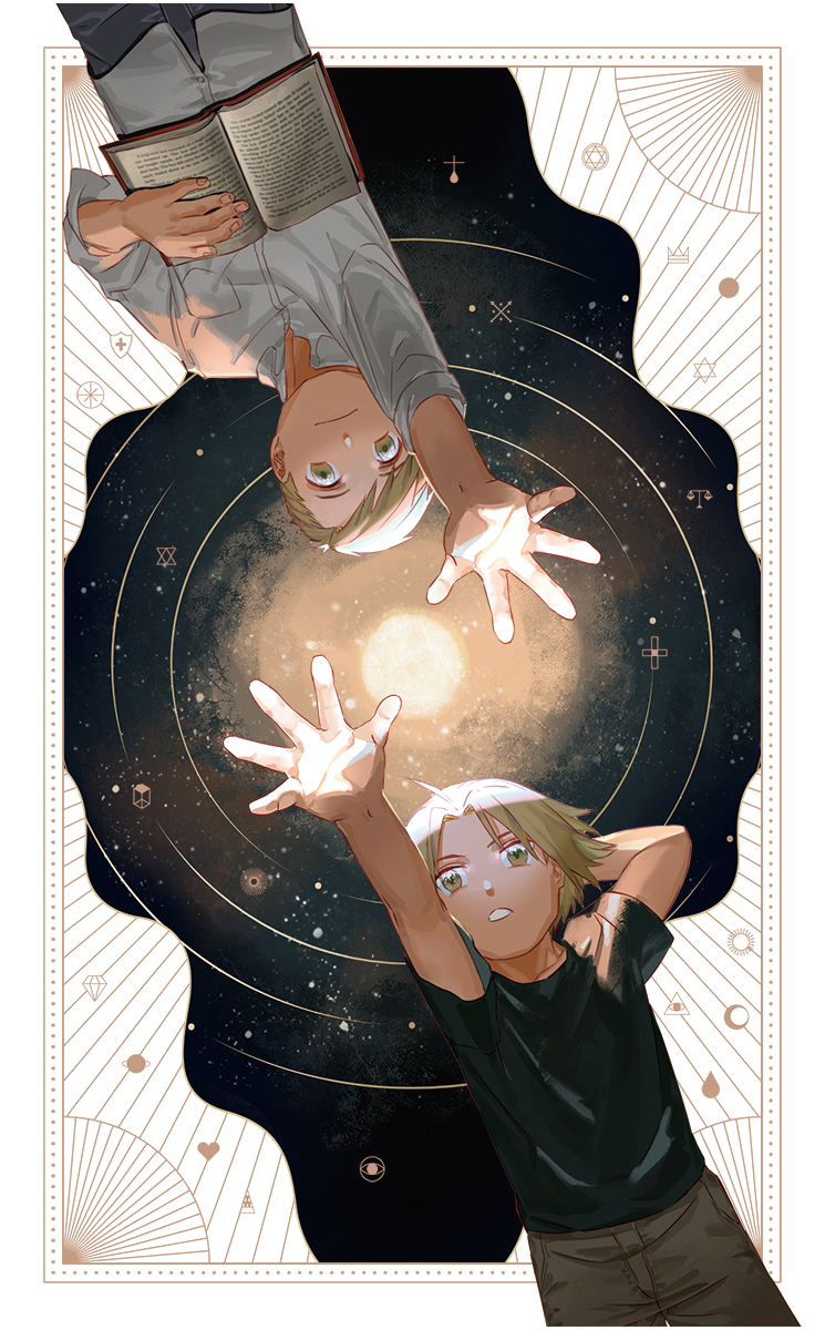 2boys alphonse_elric arm_behind_head black_shirt blonde_hair book book_on_lap brothers brown_pants commentary constellation cross cube diamond_(symbol) edward_elric english_commentary expressionless eyes fingernails full_moon fullmetal_alchemist heart highres holy_pumpkin light_smile long_sleeves looking_up male_focus moon multiple_boys night night_sky open_book outside_border outstretched_arm pants planet shield shirt short_hair siblings sky star_(sky) starry_sky sun sunlight symbol teeth triangle upper_body upside-down water_drop weighing_scale white_shirt yellow_eyes