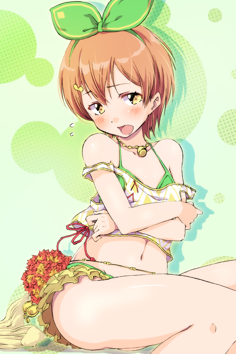 1girl bikini blush collarbone crossed_arms drop_shadow embarrassed flower flying_sweatdrops green_background green_ribbon hair_ornament hair_ribbon halterneck highres hoshizora_rin jewelry looking_at_viewer love_live! love_live!_school_idol_project midriff navel open_mouth orange_hair pendant ribbon sen_(sen0910) short_hair sitting solo strap_slip swimsuit tank_top yellow_eyes