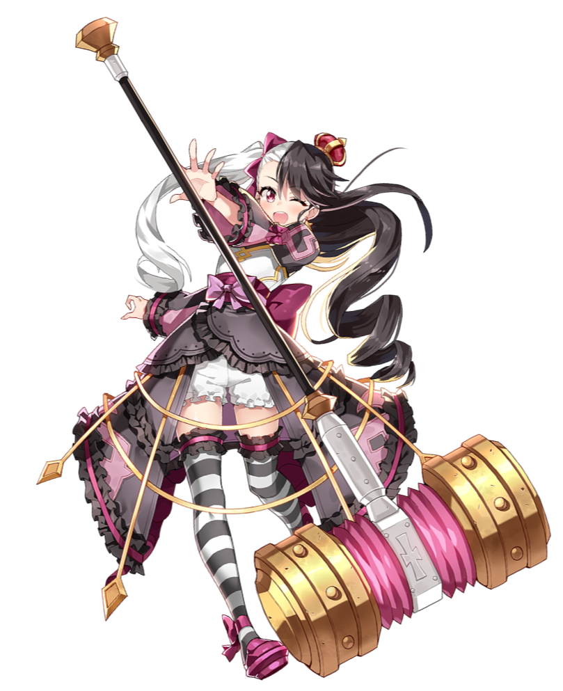 1girl ;d black_dress black_hair black_legwear bow chloe_(epic7) crown dress epic7 frilled_dress frills full_body hair_bow hammer hand_up mini_crown multicolored_hair official_art one_eye_closed open_mouth pink_bow pink_footwear shoes smile solo standing striped striped_legwear thigh-highs two-tone_hair warhammer weapon white_hair