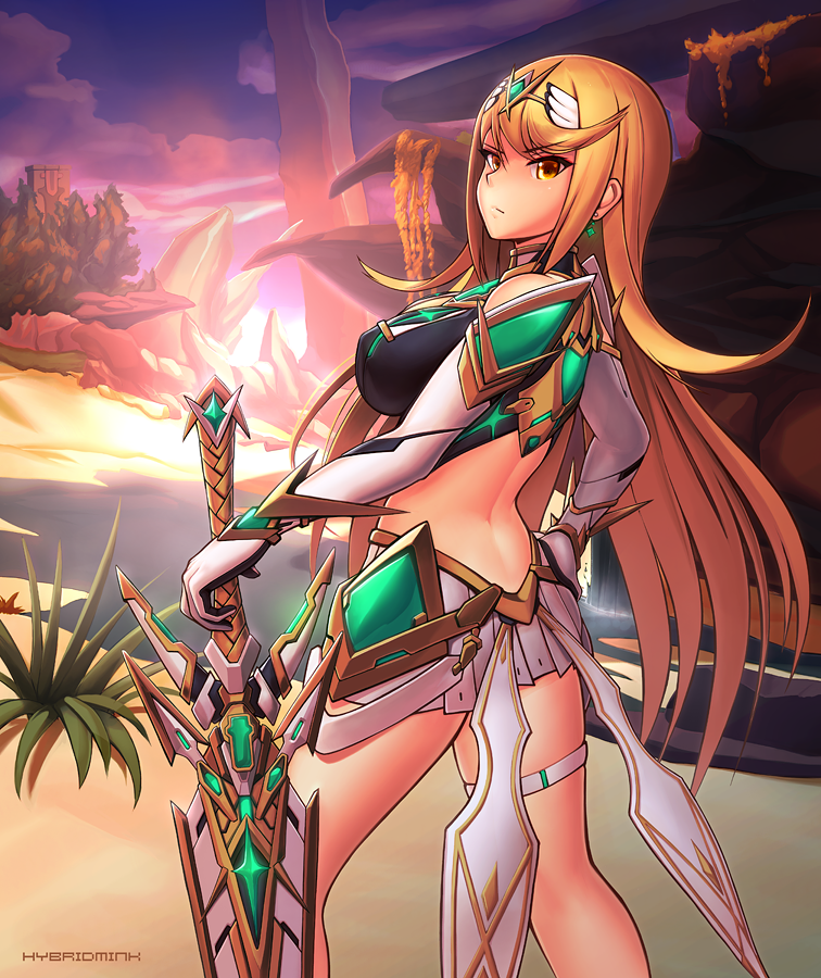 1girl armor bangs blonde_hair blush breasts cleavage cleavage_cutout covered_navel earrings gem gloves headpiece mythra_(xenoblade) hybridmink jewelry large_breasts long_hair nintendo solo sunset swept_bangs sword thigh_strap tiara weapon xenoblade_(series) xenoblade_2 xenoblade_2:_ogon_no_kuri_ira yellow_eyes