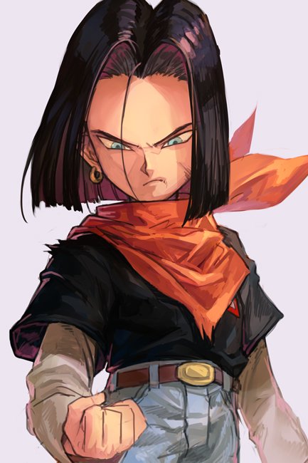 1boy android_17 belt black_hair blue_eyes clenched_hand denim dragon_ball dragonball_z earrings grey_background hankuri jewelry long_sleeves male_focus scar scarf serious simple_background