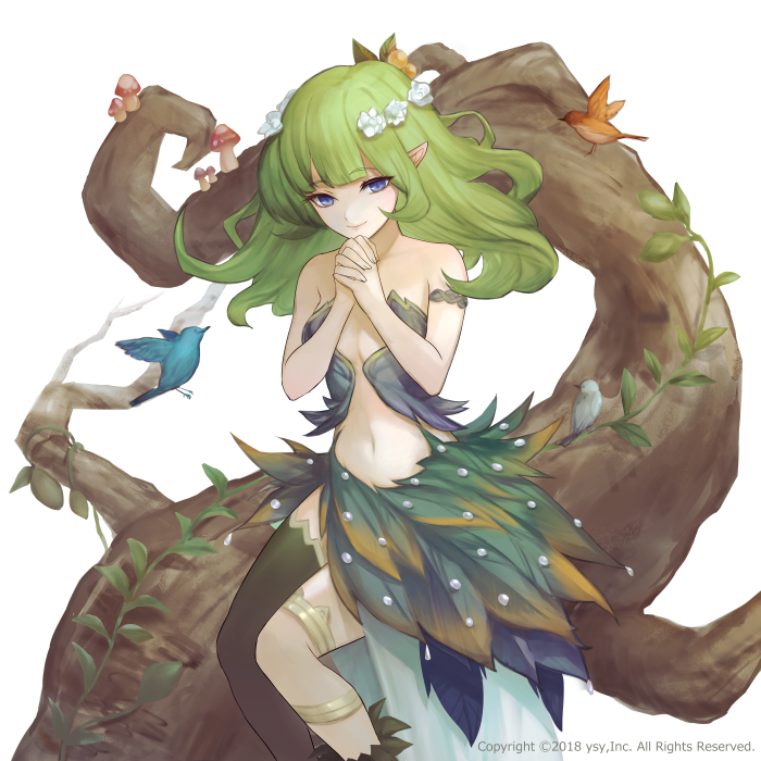 bare_shoulders bird black_legwear blue_bird blue_eyes breasts dated feather_skirt green_hair hair_ornament hands_together hands_up head_wreath long_hair mushroom navel official_art pointy_ears revolve single_thighhigh small_breasts tcoffee thigh-highs thighlet watermark white_background white_bird