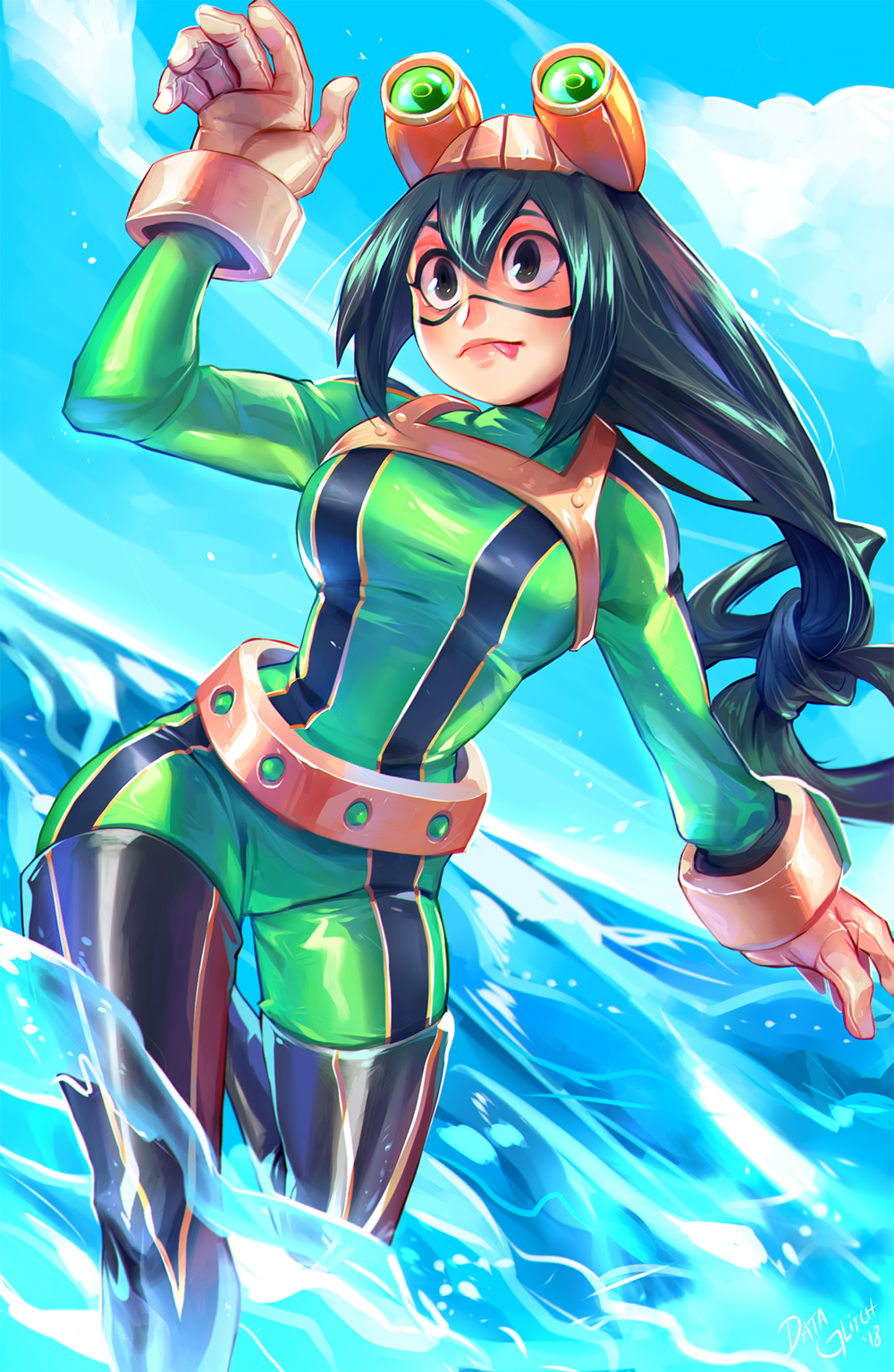 1girl :p asui_tsuyu black_footwear bodysuit boku_no_hero_academia boots breasts commentary day english_commentary gloves goggles goggles_on_head green_hair grey_eyes hair_tubes highres lina_rojas long_hair medium_breasts ocean skin_tight solo thigh-highs thigh_boots tied_hair tongue tongue_out very_long_hair water white_gloves