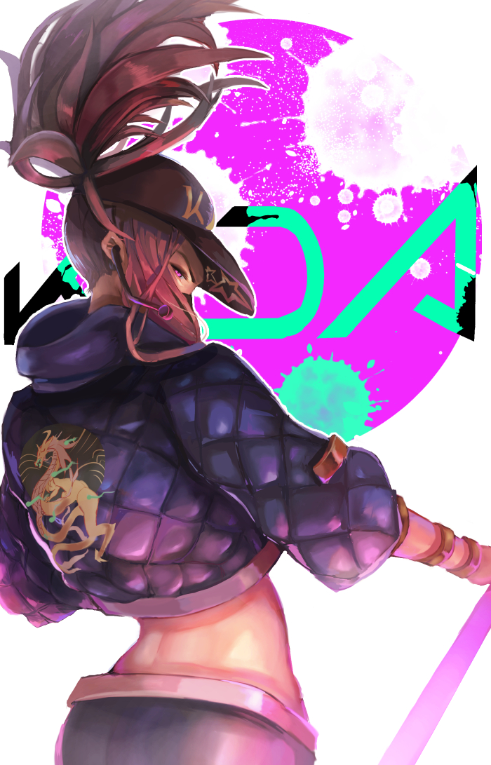 1girl akali ass baseball_cap bracelet commentary_request cropped_jacket face_mask flat_ass from_behind hat headset high_ponytail hood hooded_jacket idol jacket jewelry k/da_(league_of_legends) k/da_akali league_of_legends long_hair looking_at_viewer looking_back mask microphone midriff mizurapi pink_eyes pink_hair solo