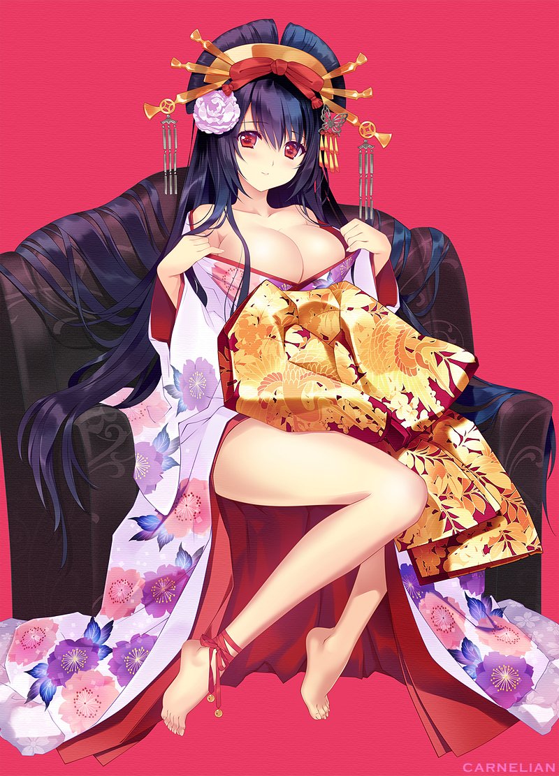 1girl bare_legs bare_shoulders barefoot black_hair blush breasts carnelian cleavage couch dress floral_print fusou_(kantai_collection) headdress japanese_clothes kantai_collection kimono large_breasts long_hair looking_at_viewer off_shoulder red_eyes sitting smile solo very_long_hair