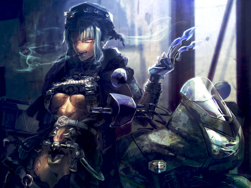 1girl against_vehicle belt black_hat black_legwear box breasts brown_eyes cigar dark_skin fantasy gloves ground_vehicle hat indoors medium_breasts medium_hair motor_vehicle motorcycle mouth_hold reishiza scar smoking standing tagme under_boob underpower_motors white_hair