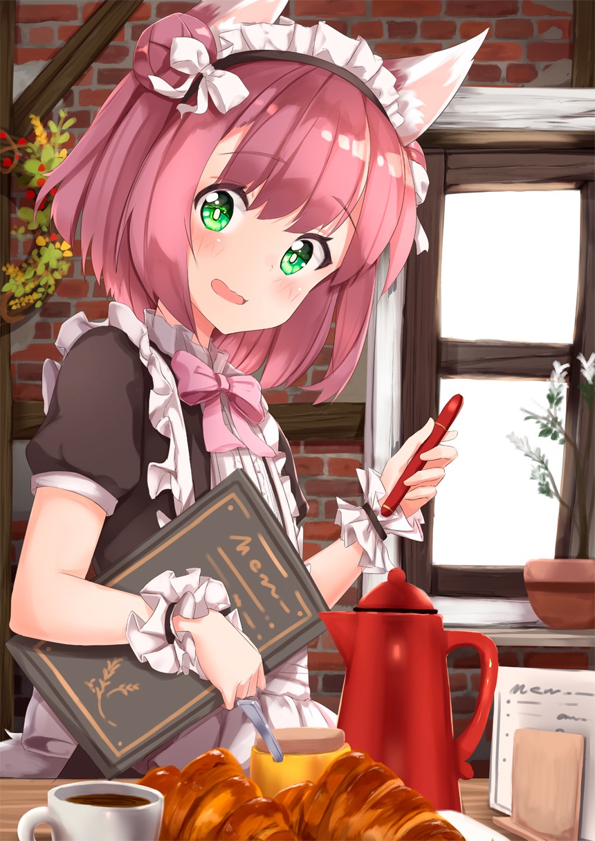 1girl ame. animal_ear_fluff animal_ears apron azur_lane bangs blush bow bread brick_wall brown_dress cat_ears center_frills coffee commentary_request cup dress eyebrows_visible_through_hair food frills green_eyes hair_between_eyes hair_bow hair_bun head_tilt highres holding holding_pencil indoors maid_headdress mechanical_pencil menu open_mouth pencil pink_bow pink_hair plant potted_plant puffy_short_sleeves puffy_sleeves shiratsuyu_(azur_lane) short_sleeves side_bun solo teacup waitress white_apron white_bow window wrist_cuffs