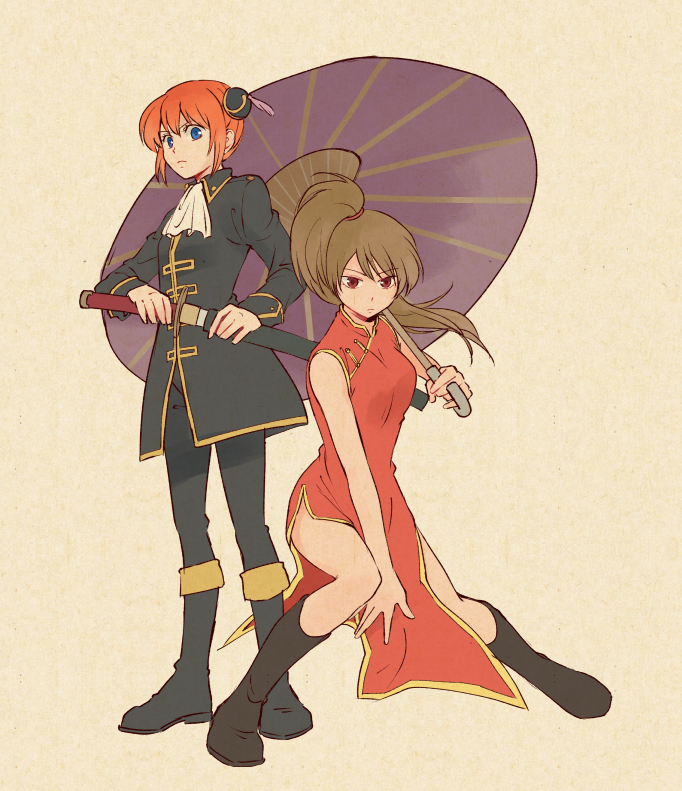 1boy 1girl ascot black_footwear black_jacket black_pants blue_eyes boots brown_hair china_dress chinese_clothes dress full_body genderswap genderswap_(ftm) genderswap_(mtf) gintama hair_ornament high_ponytail holding holding_sheath holding_sword holding_umbrella holding_weapon jacket kagura_(gintama) long_hair looking_at_viewer negimisosiru0127 okita_sougo orange_hair pants purple_umbrella red_dress sheath short_hair side_slit sleeveless sleeveless_dress standing sword umbrella unsheathing very_long_hair weapon white_neckwear