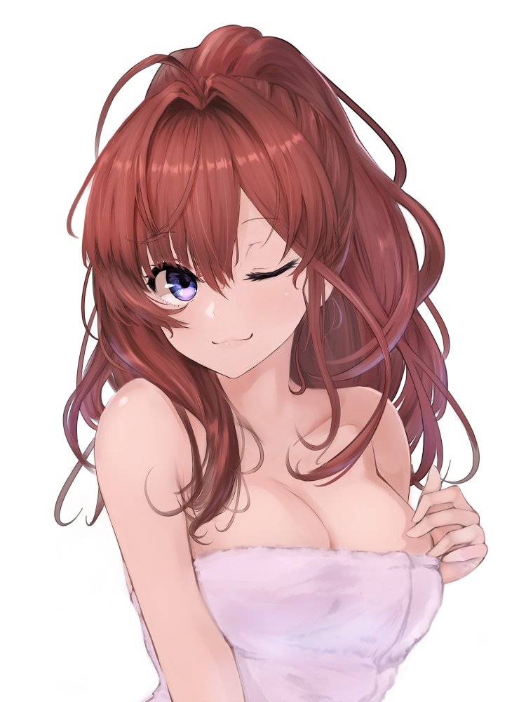 1girl :3 ahoge alternate_hairstyle bangs bare_shoulders breasts brown_hair cleavage commentary eyebrows_visible_through_hair hair_intakes hair_up hand_on_breast ichinose_shiki idolmaster idolmaster_cinderella_girls lamp_p9 large_breasts lips long_hair looking_to_the_side one_eye_closed ponytail simple_background solo towel upper_body violet_eyes white_background