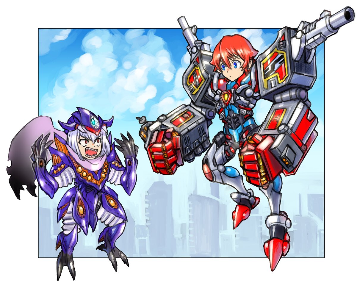 2boys anti_(ssss.gridman) bangs blue_eyes blue_sky city cityscape clouds cloudy_sky commentary_request cosplay day gridman_(ssss) gridman_(ssss)_(cosplay) hibiki_yuuta male_focus multiple_boys oomasa_teikoku red_eyes redhead short_hair silver_hair sky ssss.gridman