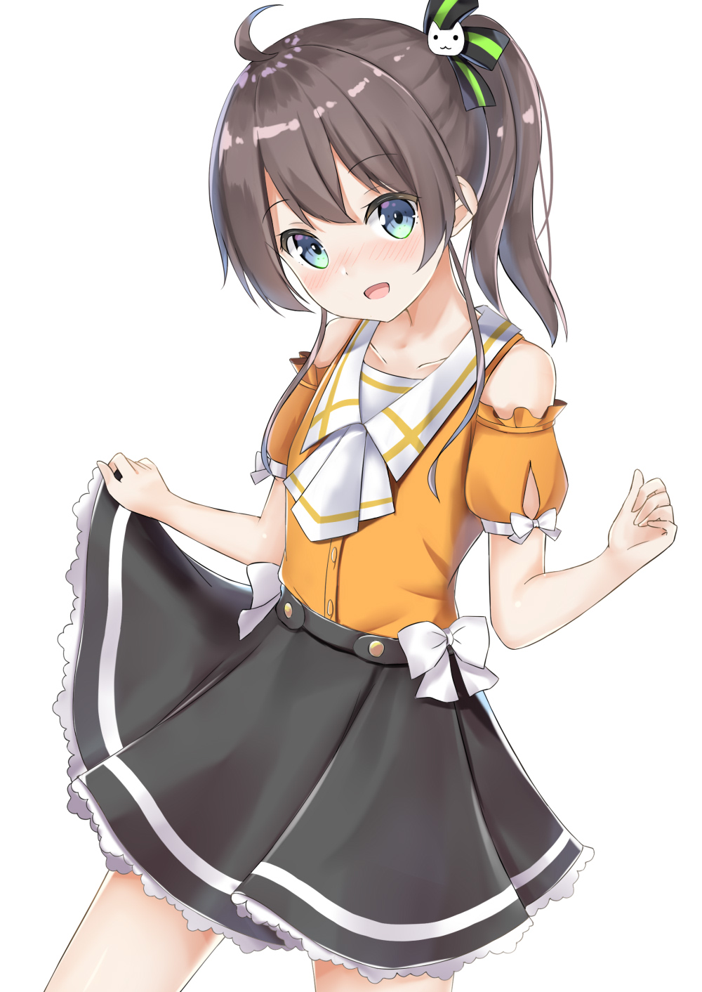 1girl ahoge blue_eyes blush brown_hair casual collarbone fuji_noyume hair_ornament highres hololive looking_at_viewer natsuiro_matsuri open_mouth ribbon side_ponytail simple_background skirt skirt_lift solo virtual_youtuber white_background