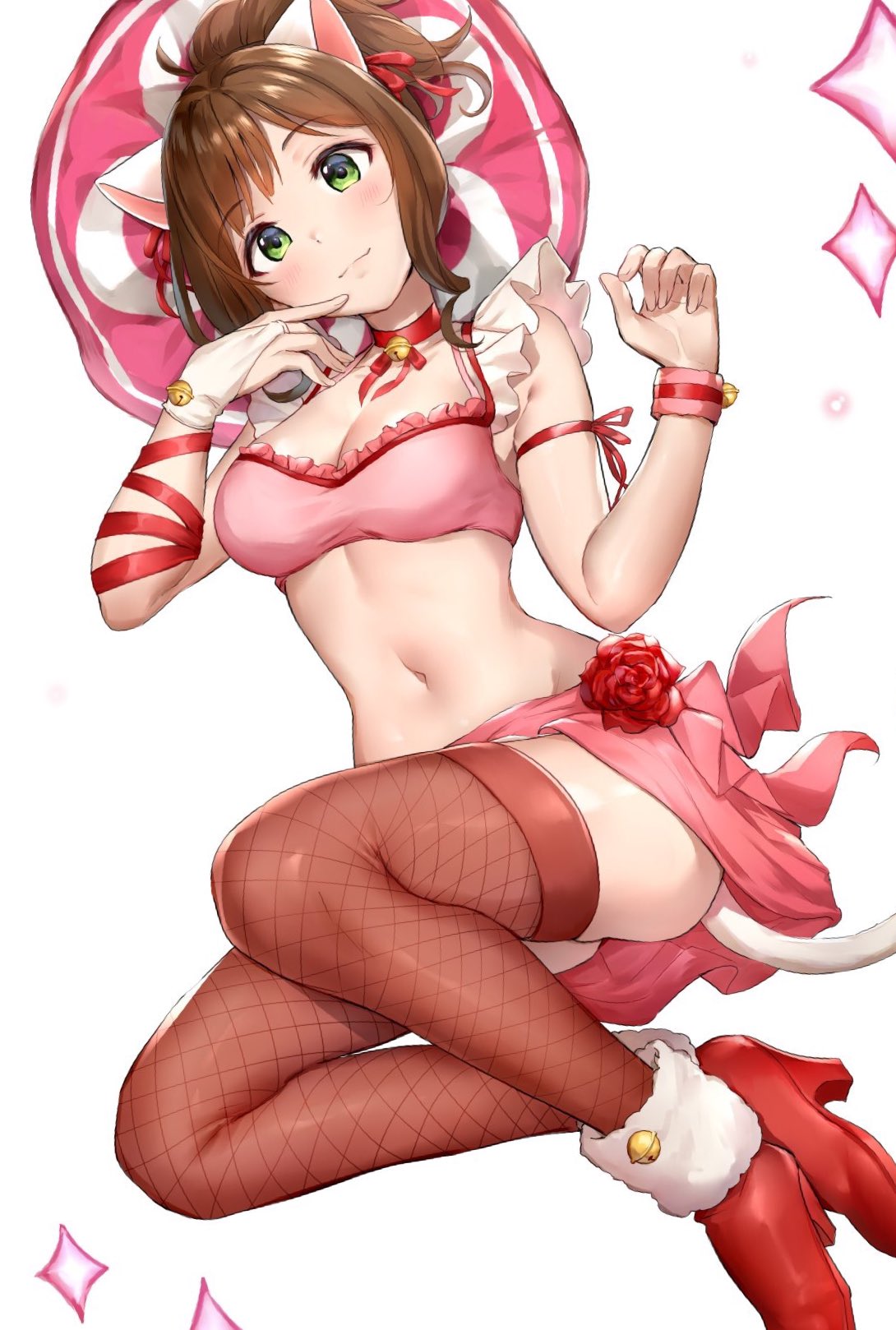 1girl animal_ears bangs bell blush breasts bridal_gauntlets brown_hair brown_legwear cat_ears cat_tail choker cleavage closed_mouth collarbone fishnet_legwear fishnets flower green_eyes hair_ribbon high_heels highres hips idolmaster idolmaster_cinderella_girls jingle_bell large_breasts legs looking_at_viewer maekawa_miku navel pillow pink_skirt ponytail puffy_short_sleeves puffy_sleeves red_footwear ribbon rose short_hair short_sleeves simple_background skirt smile solo tail takeashiro thigh-highs thighs white_background wristband