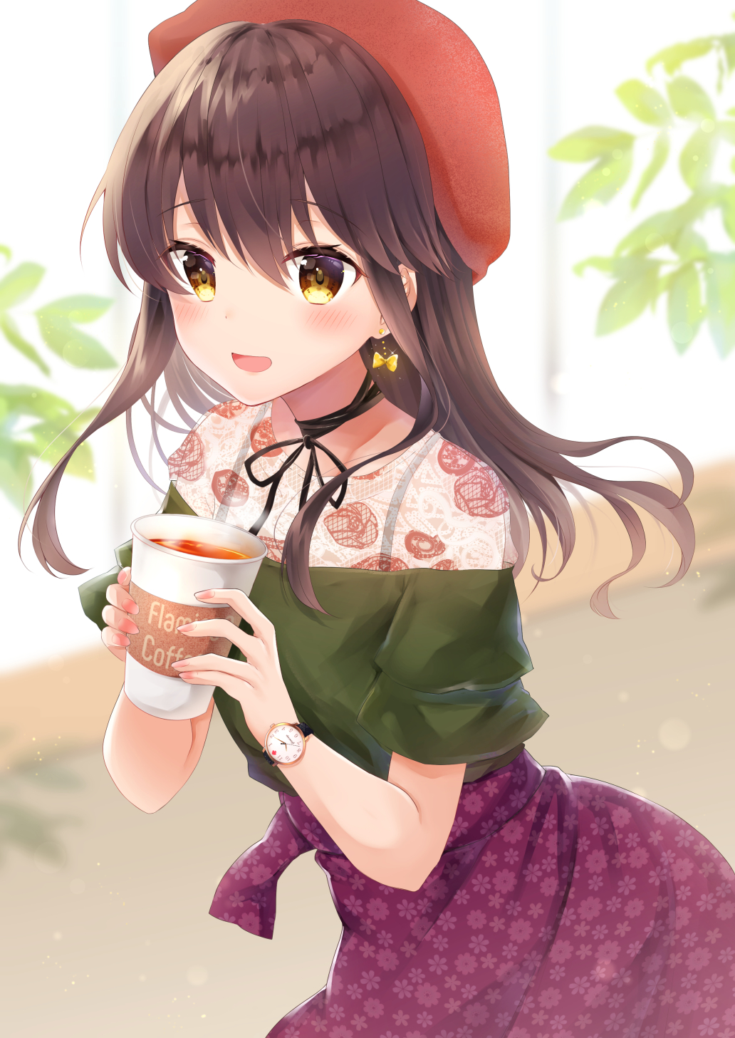 1girl :d bangs beret black_ribbon blurry blurry_background blush brown_eyes brown_hair brown_skirt coffee_cup commentary_request cup depth_of_field disposable_cup earrings eyebrows_visible_through_hair floral_print gyozanuko hair_between_eyes hat highres holding holding_cup jewelry leaning_forward long_hair looking_at_viewer neck_ribbon open_mouth original print_skirt red_hat ribbon short_sleeves skirt smile solo steam watch watch