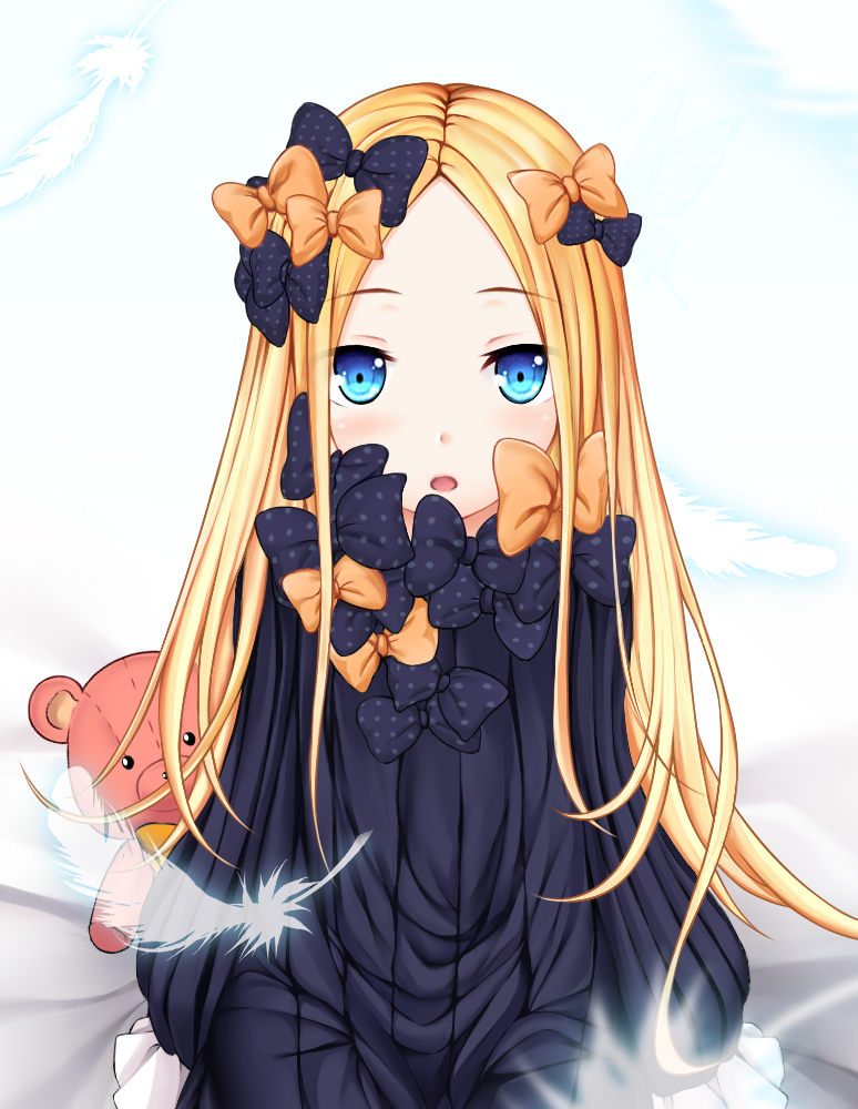 1girl abigail_williams_(fate/grand_order) ai(4522167) bangs bed_sheet black_bow black_dress blonde_hair blue_background blue_eyes blurry blurry_foreground blush bow commentary_request depth_of_field dress eyebrows_visible_through_hair fate/grand_order fate_(series) feathers forehead hair_bow long_hair long_sleeves looking_at_viewer no_hat no_headwear orange_bow parted_bangs parted_lips polka_dot polka_dot_bow sitting sleeves_past_fingers sleeves_past_wrists solo stuffed_animal stuffed_toy teddy_bear transparent very_long_hair