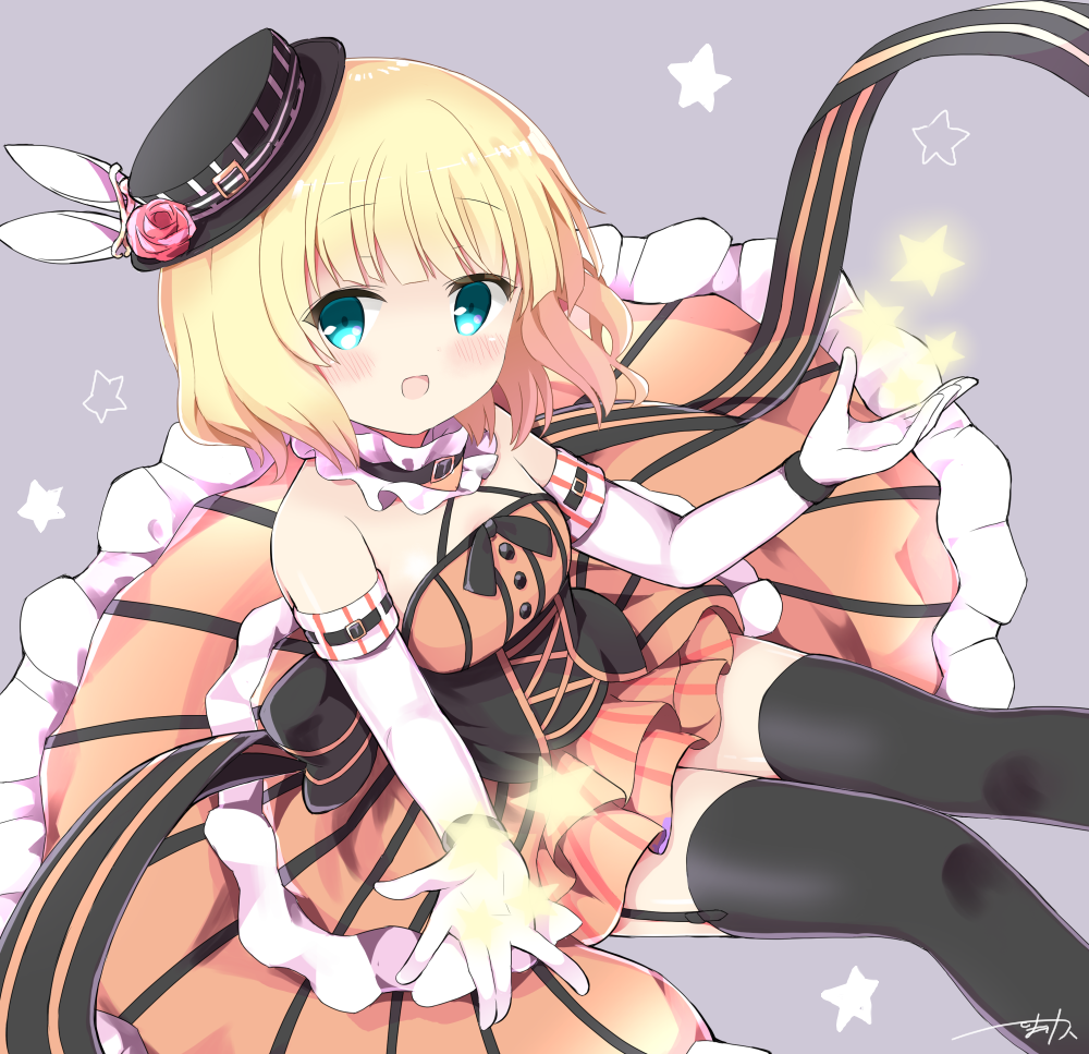 :d aqua_eyes bangs bare_shoulders belt_buckle black_bow black_hat black_legwear black_ribbon blonde_hair blush bow breasts buckle collar commentary_request cross-laced_clothes dress elbow_gloves eyebrows_visible_through_hair flower frilled_collar frills garter_straps gloves gochuumon_wa_usagi_desu_ka? grey_background halterneck hat hat_flower hat_ornament himarisu_(hida_mari) kirima_sharo layered_dress long_dress looking_at_viewer mini_hat mini_top_hat open_mouth orange_dress outstretched_hand ribbon rose short_hair signature simple_background sitting sleeveless sleeveless_dress small_breasts smile star striped thigh-highs top_hat underbust white_gloves wristband