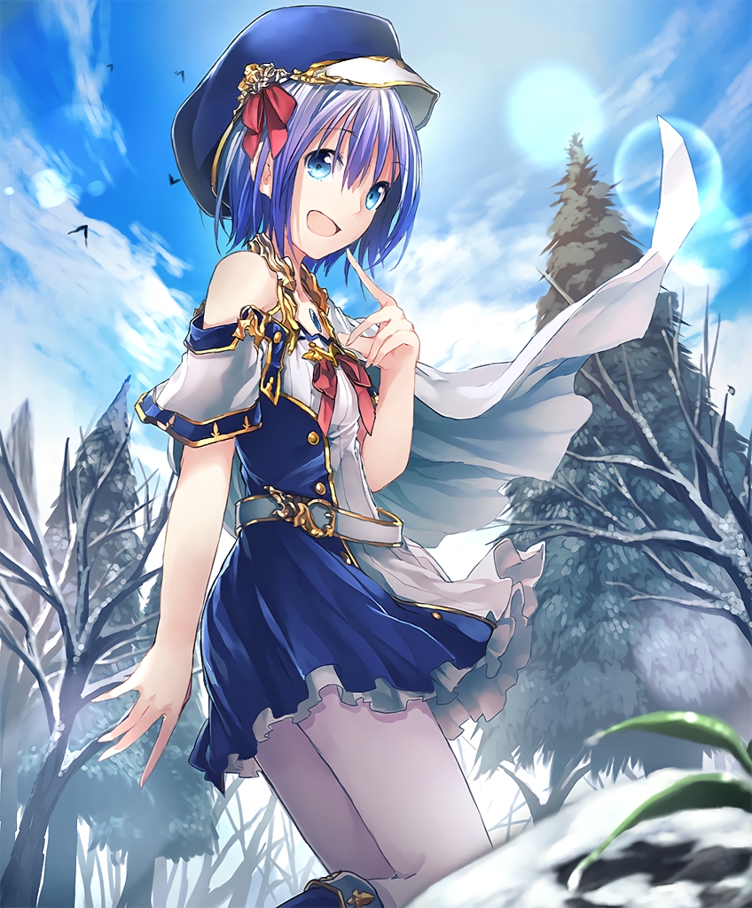 1girl :d artist_request bare_shoulders bare_tree belt blue_eyes blue_hair blue_skirt clouds cloudy_sky cygames eyebrows_visible_through_hair frills gold_trim hat hat_ribbon lens_flare looking_at_viewer miriam_(shadowverse) official_art open_mouth pantyhose ribbon shadowverse short_hair skirt sky smile snow spruce tree