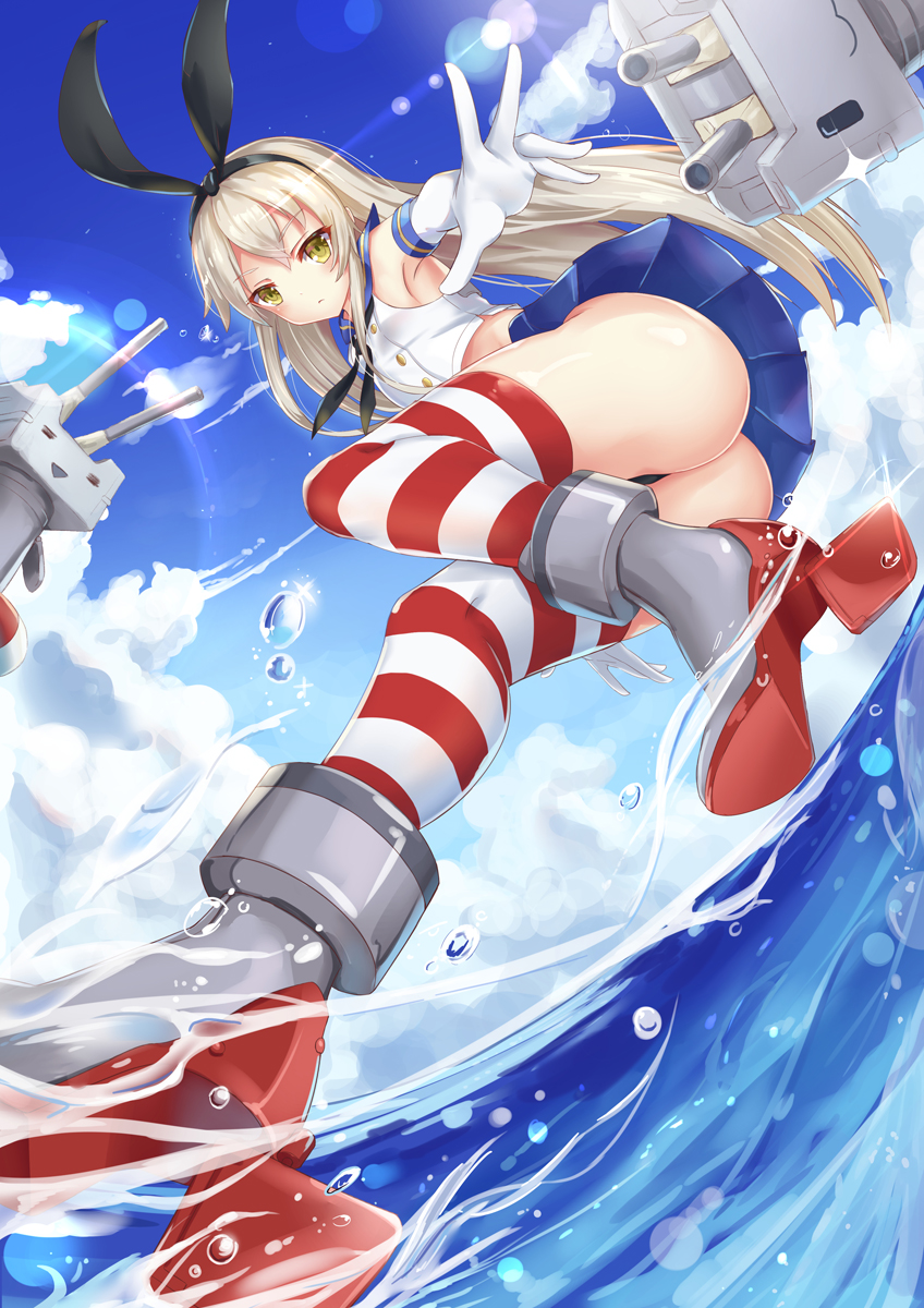 1girl ass bangs bell_(angelicalary) black_panties blonde_hair blue_skirt blue_sky blush breasts closed_mouth clouds commentary_request crop_top day elbow_gloves eyebrows_visible_through_hair full_body gloves hair_between_eyes highleg highleg_panties highres kantai_collection legs lifebuoy long_hair looking_at_viewer miniskirt ocean outdoors panties rensouhou-chan sailor_collar school_uniform serafuku shimakaze_(kantai_collection) skirt sky small_breasts striped striped_legwear thigh-highs thighs thong underwear water white_gloves yellow_eyes