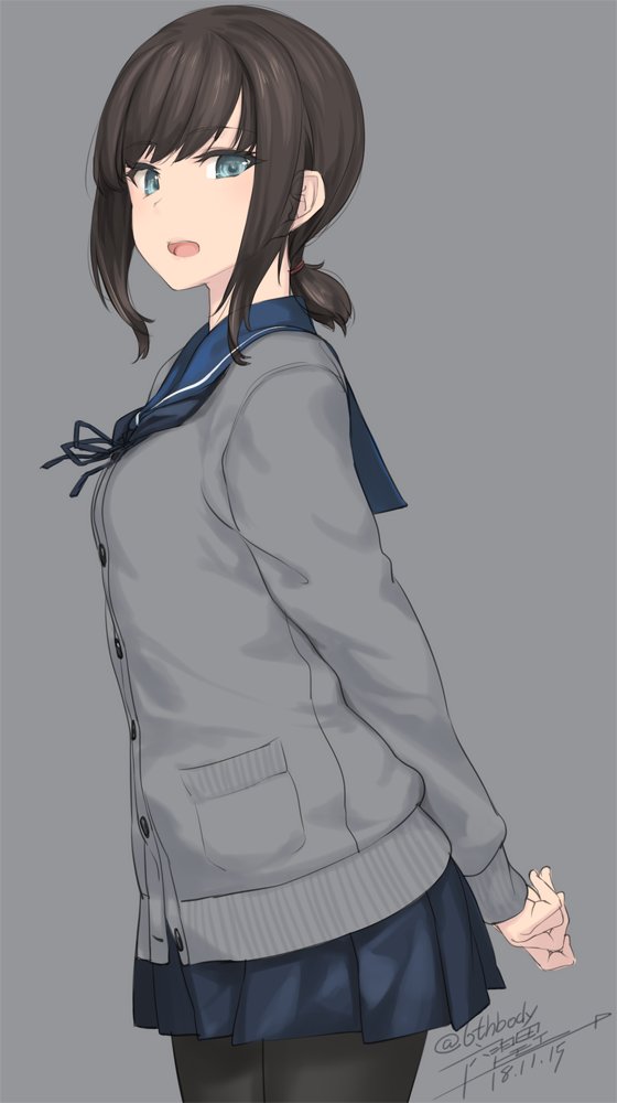 1girl black_hair black_legwear blue_eyes breasts fubuki_(kantai_collection) grey_background grey_jacket jacket kantai_collection long_sleeves low_ponytail open_mouth pantyhose pleated_skirt ponytail remodel_(kantai_collection) rokuwata_tomoe school_uniform serafuku short_ponytail sidelocks simple_background skirt small_breasts twitter_username