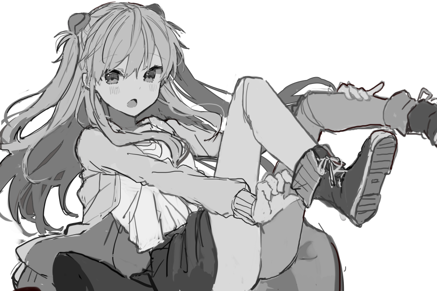 1girl ass bangs blush boots cardigan eyebrows_visible_through_hair greyscale hair_between_eyes ikeuchi_tanuma legs_up long_hair long_sleeves looking_at_viewer monochrome neon_genesis_evangelion open_mouth pantyhose pleated_skirt school_uniform shirt sketch skirt solo souryuu_asuka_langley two_side_up white_background