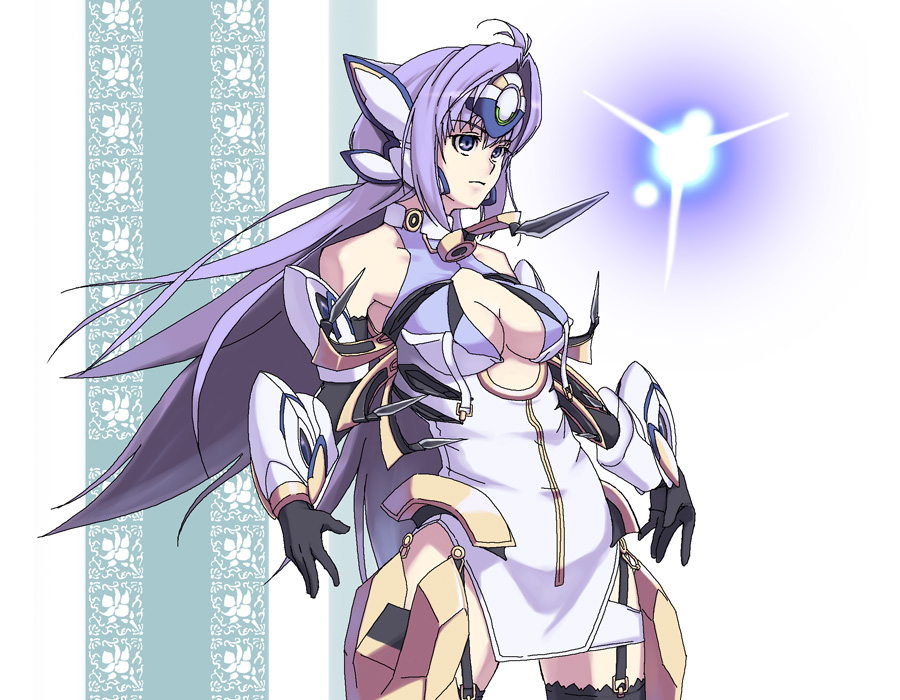 1girl android blue_eyes blue_hair breasts cleavage commentary_request cyborg elbow_gloves forehead_protector gloves kos-mos long_hair oitsuki_(getsumen_diver) solo thigh-highs very_long_hair xenosaga xenosaga_episode_iii