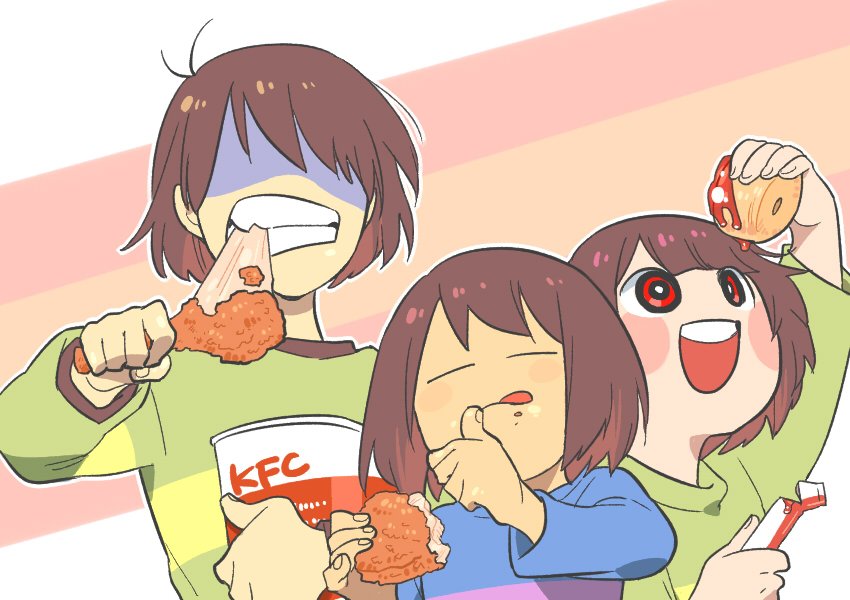 3others =_= androgynous blue_shirt bob_cut brown_hair bucket chara_(undertale) closed_eyes deltarune eating fried_chicken frisk_(undertale) green_shirt ketchup kfc kris_(deltarune) licking_lips multiple_others red_eyes shaded_face shirt short_hair striped striped_shirt tongue tongue_out ukiyo199 undertale