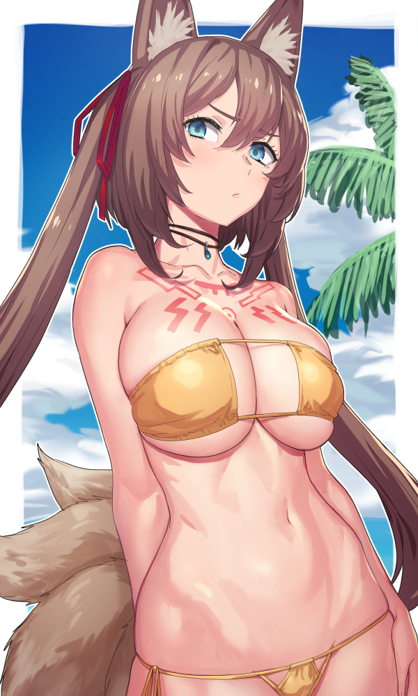 1girl animal_ear_fluff animal_ears arm_at_side arm_behind_back bare_arms bare_shoulders beach bikini blue_eyes blue_sky border breasts brown_hair choker cleavage collarbone commentary_request cowboy_shot day eyepatch_bikini fox_ears fox_tail hair_between_eyes hair_ribbon jewelry large_breasts long_hair looking_at_viewer multiple_tails navel outdoors outside_border palm_tree pendant red_ribbon ribbon side-tie_bikini sky solo star_ocean star_ocean_anamnesis stomach strapless strapless_bikini string_bikini swimsuit tail tattoo tenchisouha tree twintails under_boob very_long_hair white_border yellow_bikini