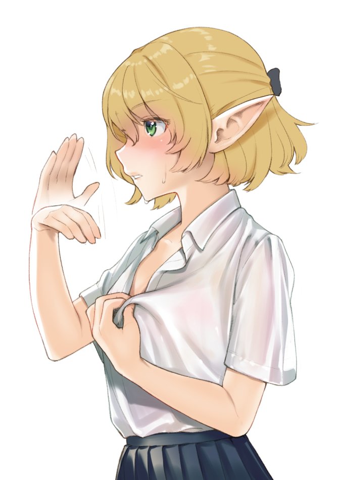 1girl afterimage alternate_costume black_skirt blonde_hair blush collared_shirt contemporary fanning_face from_side green_eyes hot mizuhashi_parsee pointy_ears profile shirt shirt_grab sho_shima short_hair simple_background skirt solo sweat touhou upper_body white_background white_shirt wing_collar