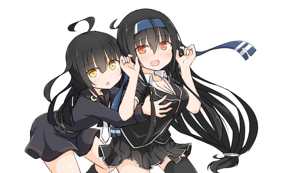 2girls ahoge bangs black_hair black_legwear black_sailor_collar black_serafuku black_shirt black_skirt blunt_bangs blunt_ends blush breast_grab breasts chestnut_mouth cleavage collared_shirt commentary_request crescent crescent_moon_pin d: expressionless grabbing grabbing_from_behind hands_up hatsushimo_(kantai_collection) huge_ahoge kantai_collection kneehighs large_breasts long_hair long_sleeves looking_at_viewer low-tied_long_hair mikazuki_(kantai_collection) miniskirt multiple_girls neckerchief open_mouth orange_eyes pleated_skirt ringed_eyes sailor_collar school_uniform serafuku shirt short_sleeves simple_background single_horizontal_stripe sketch_eyebrows skirt surprised_arms thigh-highs very_long_hair white_background white_neckwear white_shirt wing_collar yamato_tachibana yellow_eyes