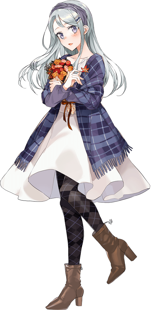 1girl asymmetrical_bangs bangs blue_bow blue_hairband boots bow dress drew_(drew213g) flower full_body grey_hair hairband jacket kantai_collection kneehighs long_hair official_art open_mouth sagiri_(kantai_collection) silver_hair socks swept_bangs tareme transparent_background violet_eyes
