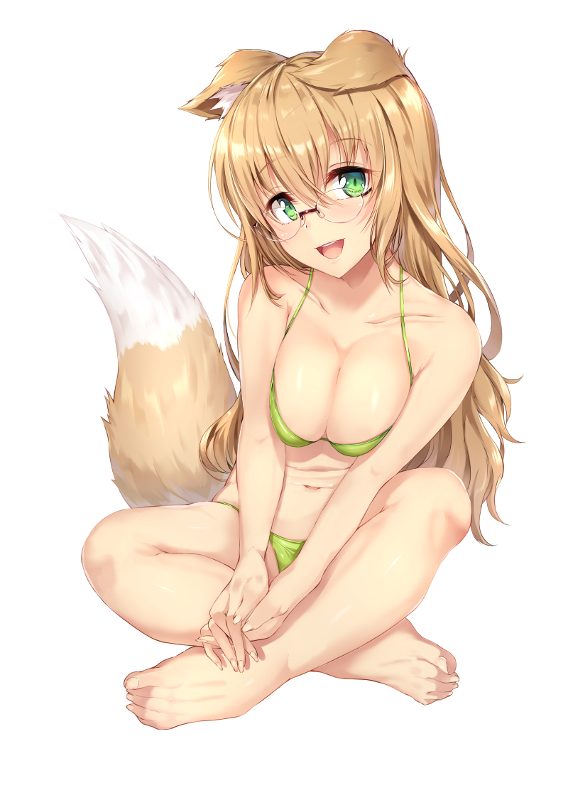 1girl :d animal_ear_fluff animal_ears bangs bare_arms bare_legs bare_shoulders barefoot bikini blush breasts cleavage collarbone commentary_request dog_ears dog_girl dog_tail eyebrows_visible_through_hair fingernails full_body glasses green_bikini green_eyes hair_between_eyes halter_top halterneck head_tilt light_brown_hair long_hair looking_at_viewer medium_breasts nakatokung navel open_mouth original simple_background sitting smile solo swimsuit tail toenails very_long_hair white_background