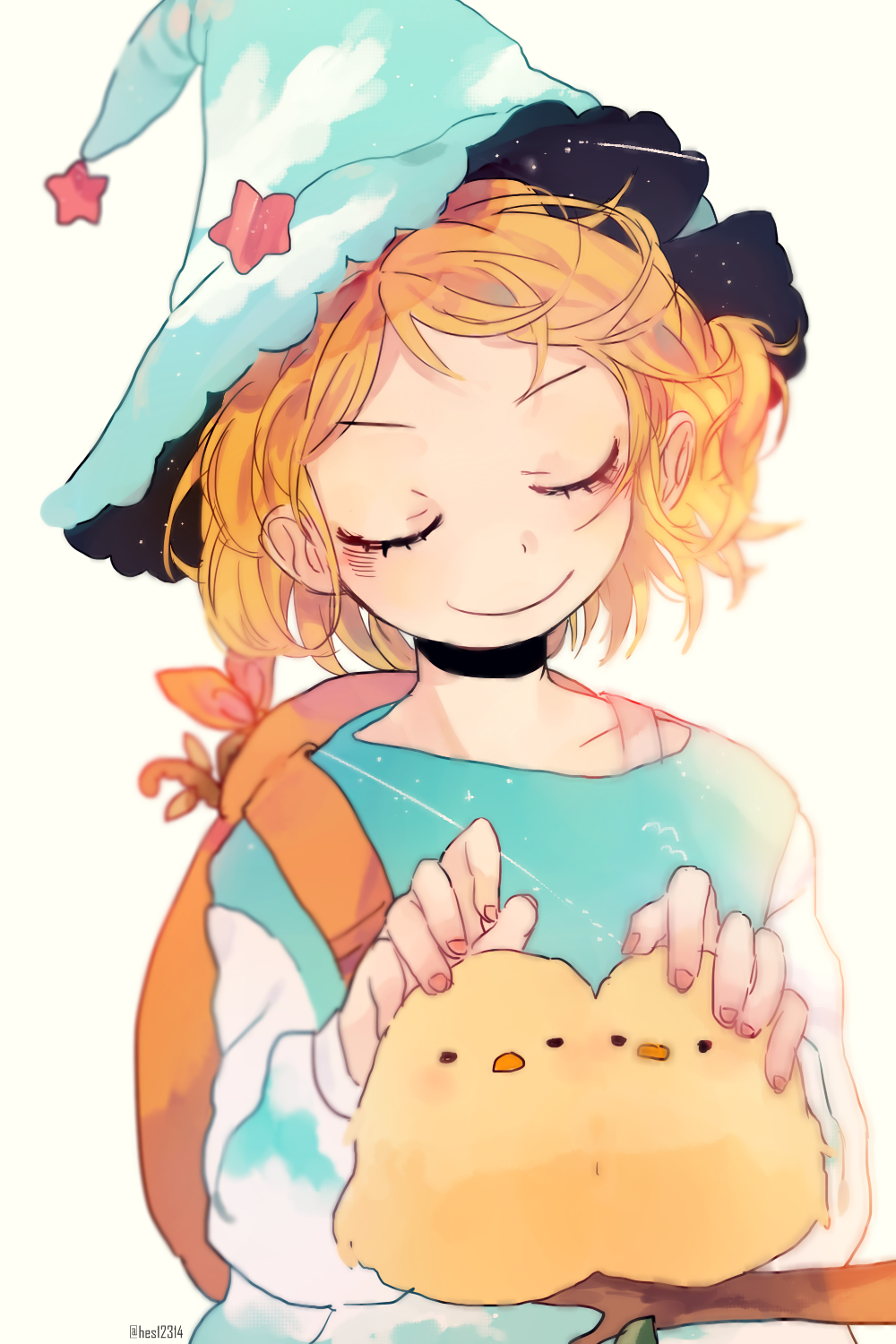 1girl artist_name bird blonde_hair blue_hat blue_shirt chick closed_eyes closed_mouth commentary_request facing_viewer fingernails haikyuu!! hat head_tilt highres long_sleeves nail_polish pink_nails shirt short_hair simple_background solo star twice12314 twitter_username white_sleeves yachi_hitoka yellow_background