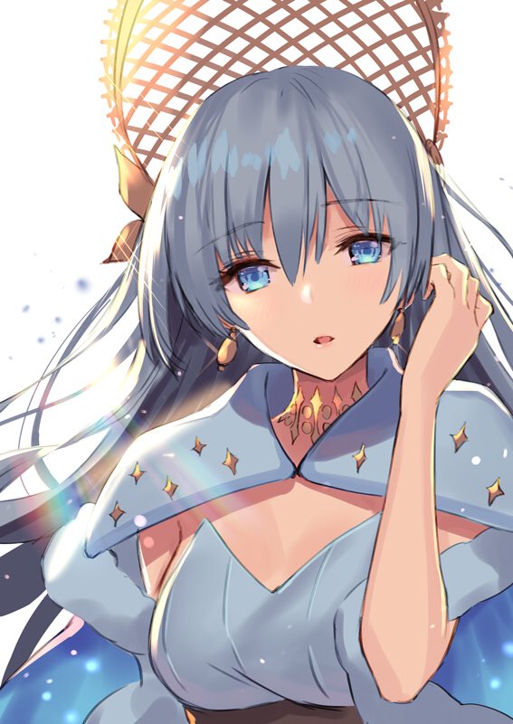 1girl anastasia_(fate/grand_order) blue blue_cape breasts cape choker earrings eyebrows_visible_through_hair eyes fate/grand_order fate_(series) floating_hair fur_trim hair_between_eyes hair_ornament hand_in_hair haru_(hiyori-kohal) jewelry long_hair looking_at_viewer medium_breasts open_mouth silver_hair simple_background solo strapless upper_body very_long_hair white_background