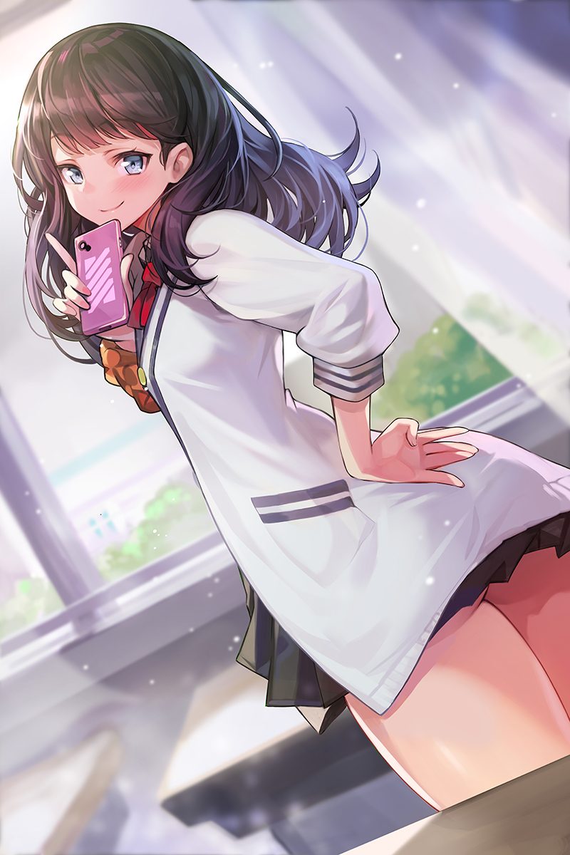 1girl black_hair black_skirt blue_eyes blush classroom closed_mouth curtains eyebrows_visible_through_hair goomrrat hand_on_hip highres holding_cd index_finger_raised indoors long_sleeves looking_at_viewer short_hair skirt smile solo ssss.gridman takarada_rikka white_cardigan window