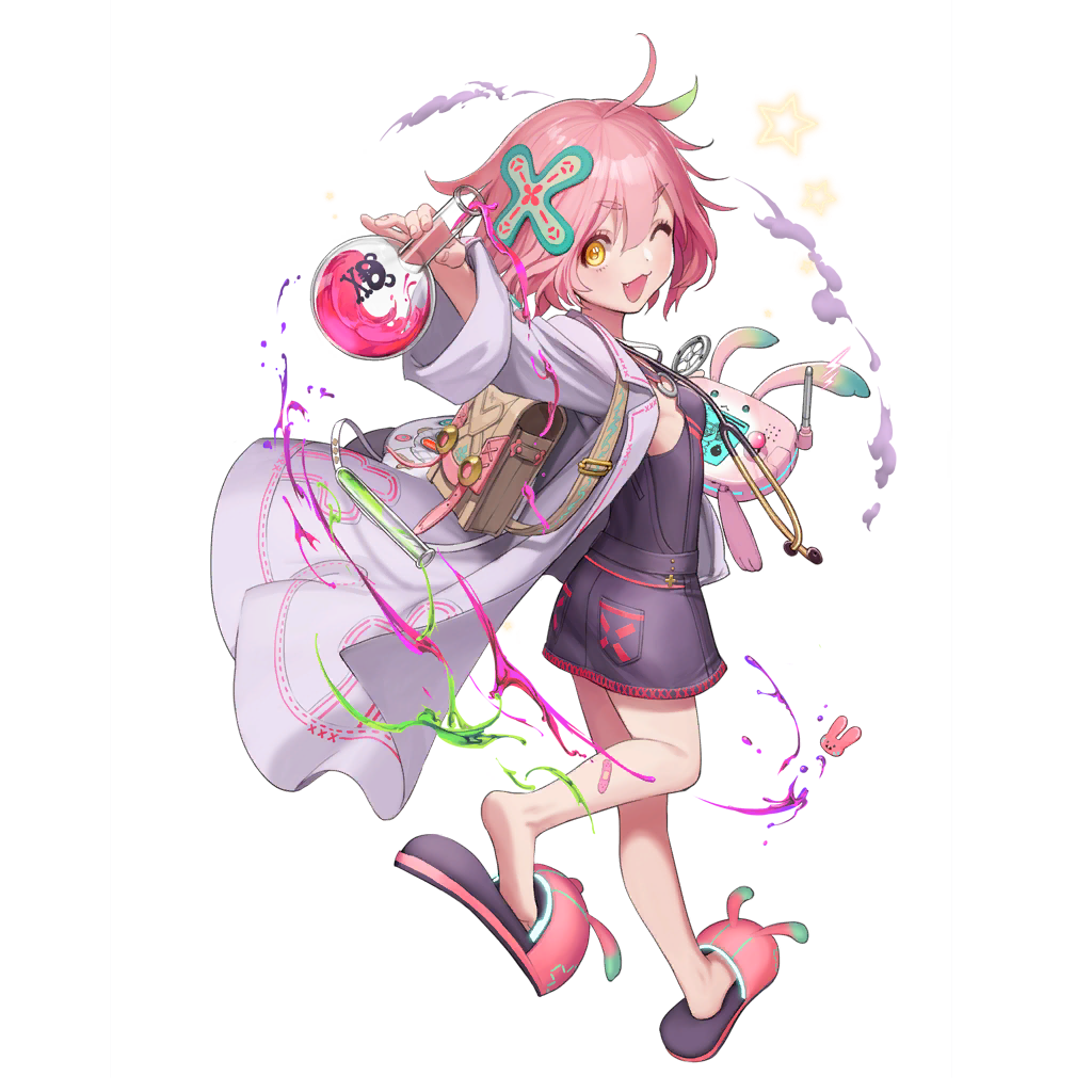 1girl back bag coat fang hair_ornament official_art one_eye_closed open_mouth pink_hair potion sandals solo star star_ocean star_ocean_anamnesis transparent_background verda_kleiman yellow_eyes