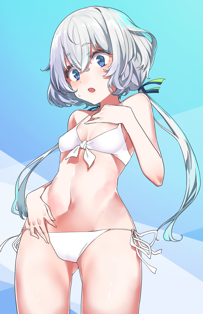 1girl ass_visible_through_thighs bikini blue_eyes blush breasts commentary_request cowboy_shot eyebrows_visible_through_hair from_below front-tie_bikini front-tie_top hand_on_own_chest highres konno_junko konnyaku_(kk-monmon) long_hair low_twintails open_mouth side-tie_bikini silver_hair small_breasts solo sweatdrop swimsuit twintails white_bikini zombieland_saga