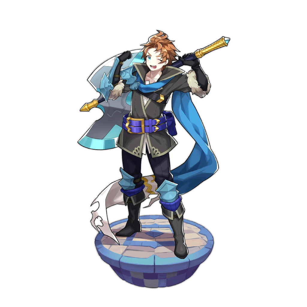 1boy artist_request axe belt blue_eyes boots brown_hair dragalia_lost gauntlets gloves jacket official_art one_eye_closed open_mouth pietro_(dragalia_lost) scarf short_hair shoulder_armor smile transparent_background