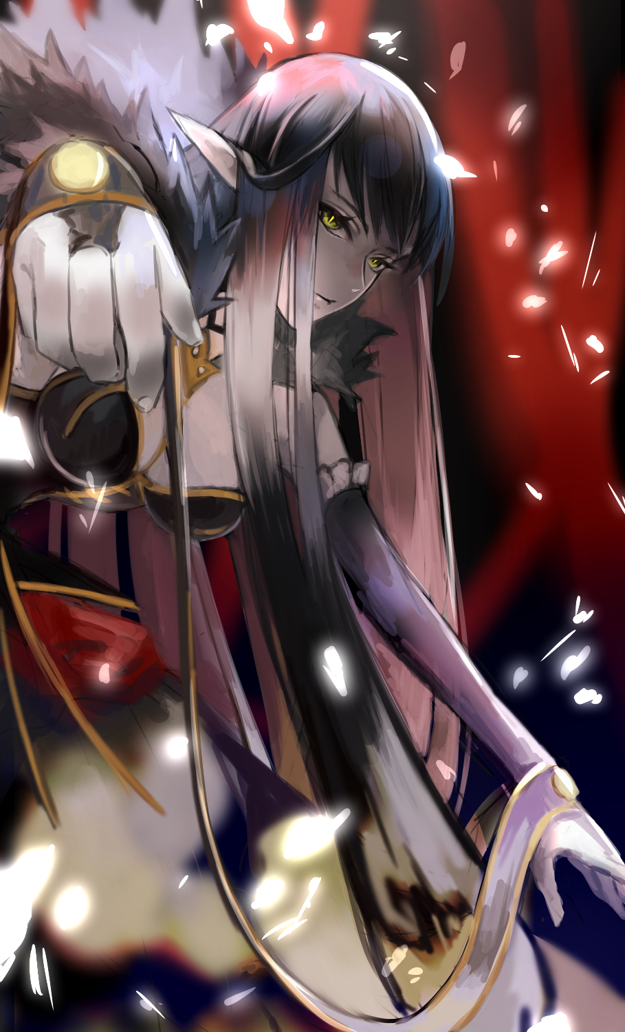 absurdly_long_hair bangs black_dress black_hair breasts bridal_gauntlets chi4co0820 cleavage commentary_request detached_sleeves dress fate/apocrypha fate/grand_order fate_(series) fur_trim highres large_breasts long_dress long_hair looking_at_viewer pointy_ears semiramis_(fate) very_long_hair yellow_eyes