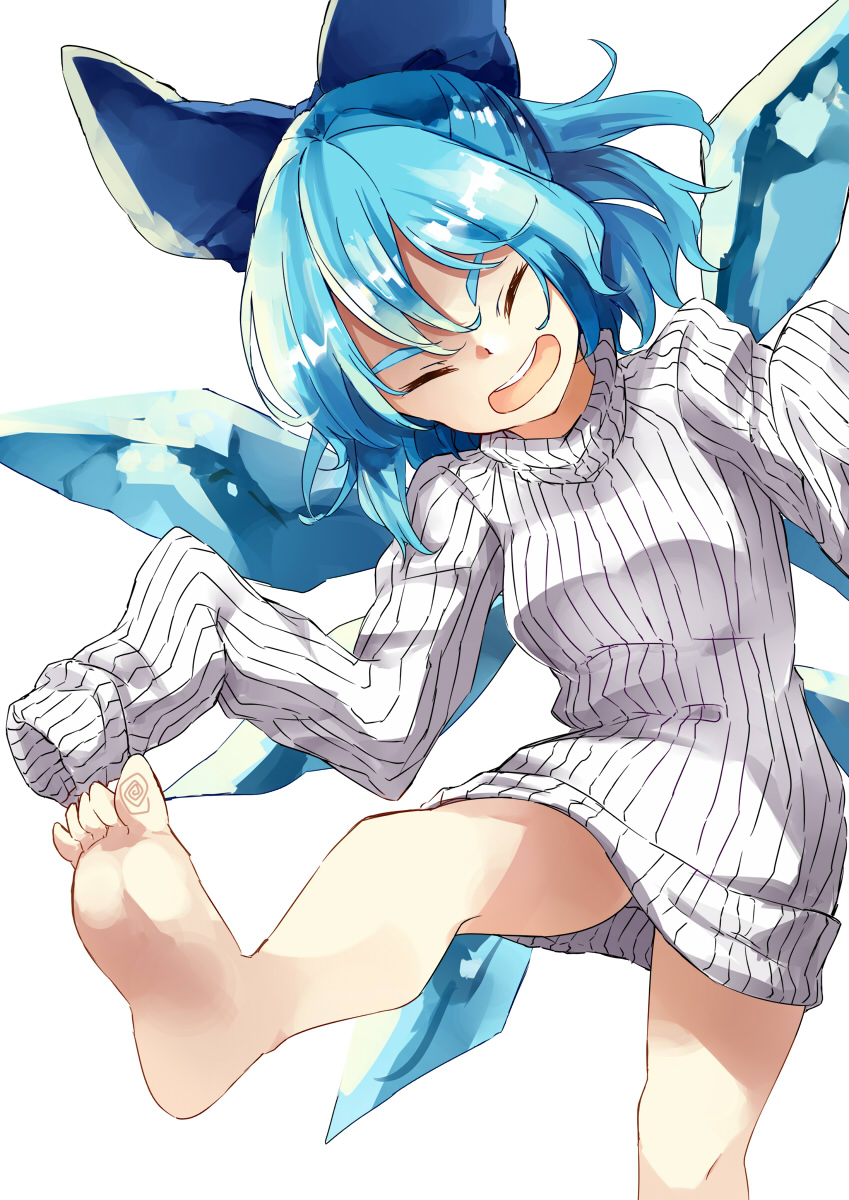 1girl barefoot blue_bow blue_hair bow cirno closed_eyes deetamu hair_bow highres naked_sweater open_mouth ribbed_sweater sleeves_past_fingers sleeves_past_wrists solo sweater touhou turtleneck turtleneck_sweater white_sweater wings