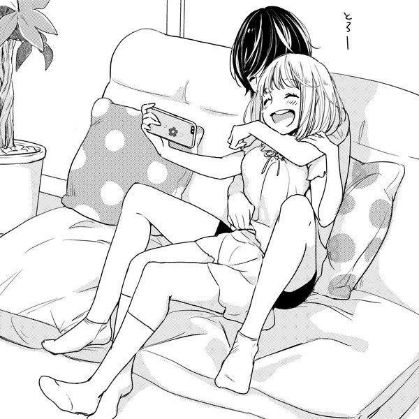 2girls asagao_to_kase-san bangs blush casual cellphone closed_eyes commentary_request couch couple greyscale holding holding_cellphone holding_phone hug hug_from_behind kase_tomoka monochrome multiple_girls official_art open_mouth phone pillow plant polka_dot potted_plant self_shot short_hair short_shorts short_sleeves shorts sitting sitting_on_lap sitting_on_person socks takashima_hiromi yamada_yui yuri