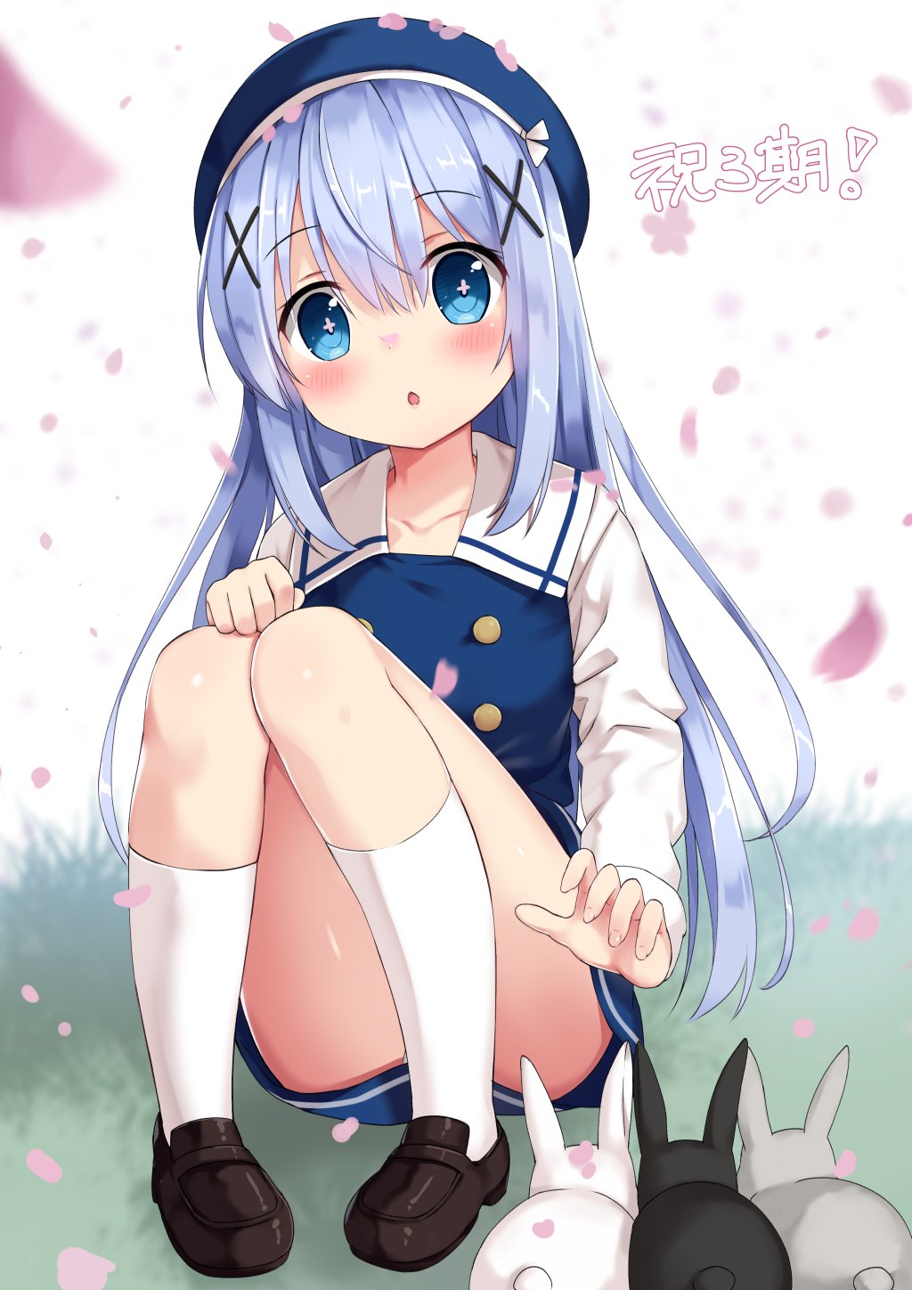 1girl :o bangs black_footwear blue_eyes blue_hair blue_hat blush collarbone eyebrows_visible_through_hair ezoshika floating_hair gochuumon_wa_usagi_desu_ka? hair_ornament hand_on_own_knee hat highres kafuu_chino kneehighs loafers long_hair long_sleeves open_mouth petals rabbit sailor_collar shoes sitting sleeves solo symbol-shaped_pupils very_long_hair white_background white_legwear white_sailor_collar x_hair_ornament