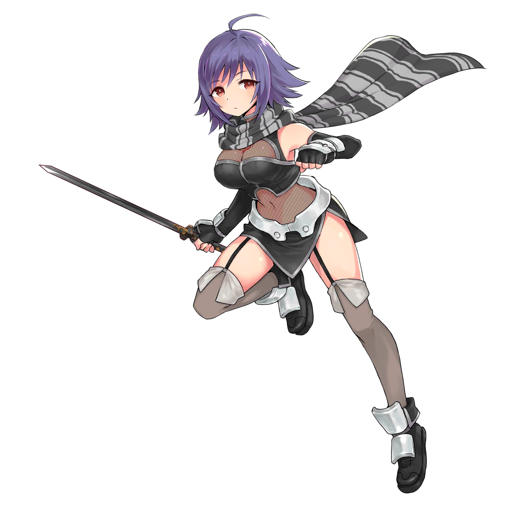 1girl ahoge breasts cleavage covered_navel farleen fingerless_gloves full_body gloves large_breasts looking_at_viewer official_art purple_hair red_eyes scarf short_hair solo star_ocean star_ocean_anamnesis star_ocean_till_the_end_of_time sword thigh-highs transparent_background weapon
