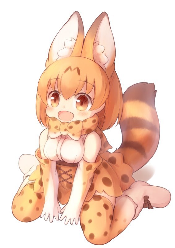 1girl animal_ear_fluff animal_ears bare_shoulders blonde_hair bow bowtie breasts commentary_request elbow_gloves gloves kemono_friends matsuu_(akiomoi) medium_breasts medium_hair open_mouth orange_eyes serval_(kemono_friends) serval_ears serval_print serval_tail shirt skirt solo tail tareme thigh-highs white_shirt zettai_ryouiki