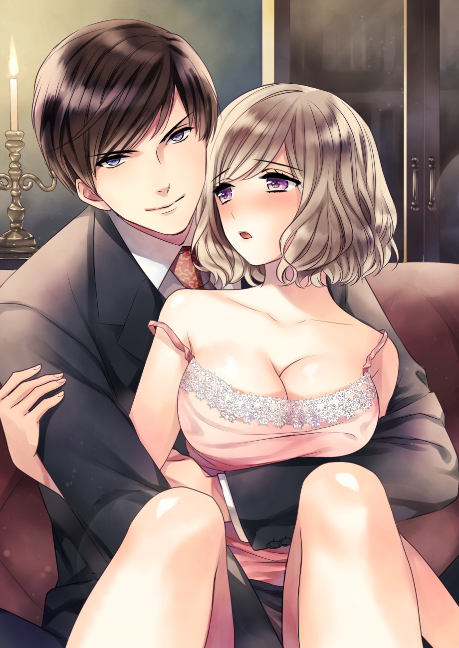 1boy 1girl breasts brown_hair candle candlestand cleavage collarbone dress formal highres hug hug_from_behind indoors large_breasts light_brown_hair looking_at_viewer original pink_dress short_hair sitting suit violet_eyes yuzuki_kaoru